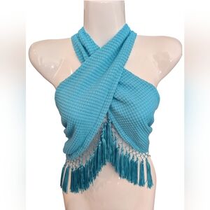 SHEIN Blue Halter Fringe Top